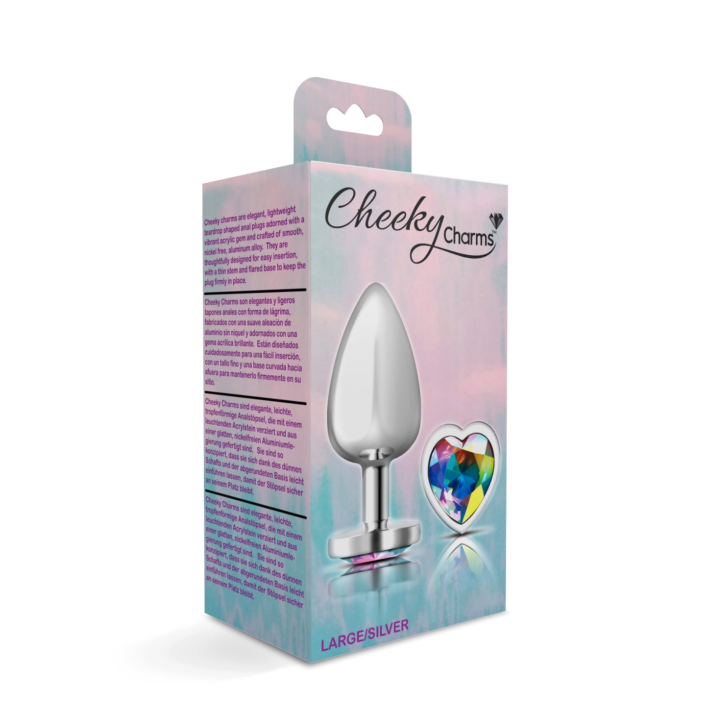 Cheeky Charms-Silver Metal Butt Plug- Heart-Clear-Large - Not Very Vanilla