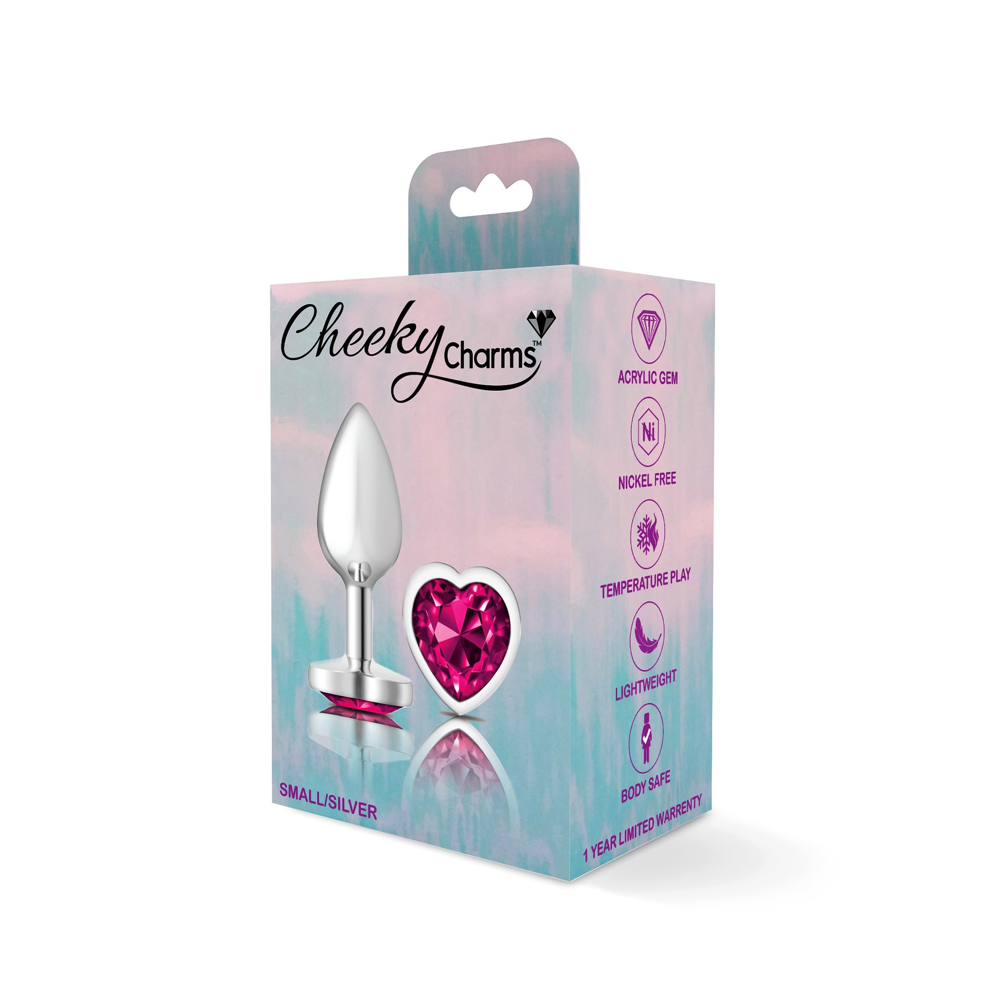 Cheeky Charms-Silver Metal Butt Plug- Heart-Bright Pink-Small - Not Very Vanilla