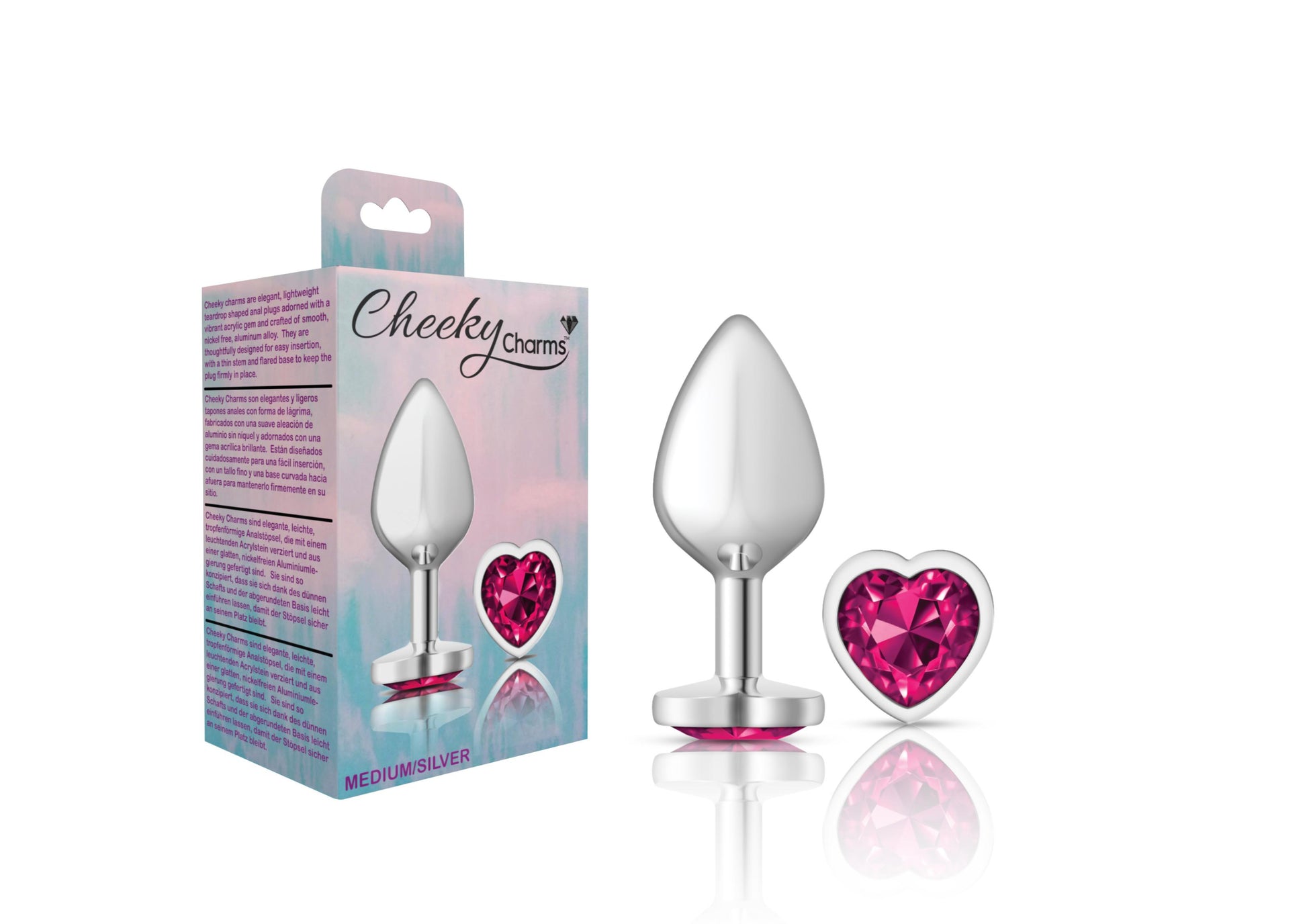 Cheeky Charms-Silver Metal Butt Plug- Heart-Bright Pink-Medium - Not Very Vanilla