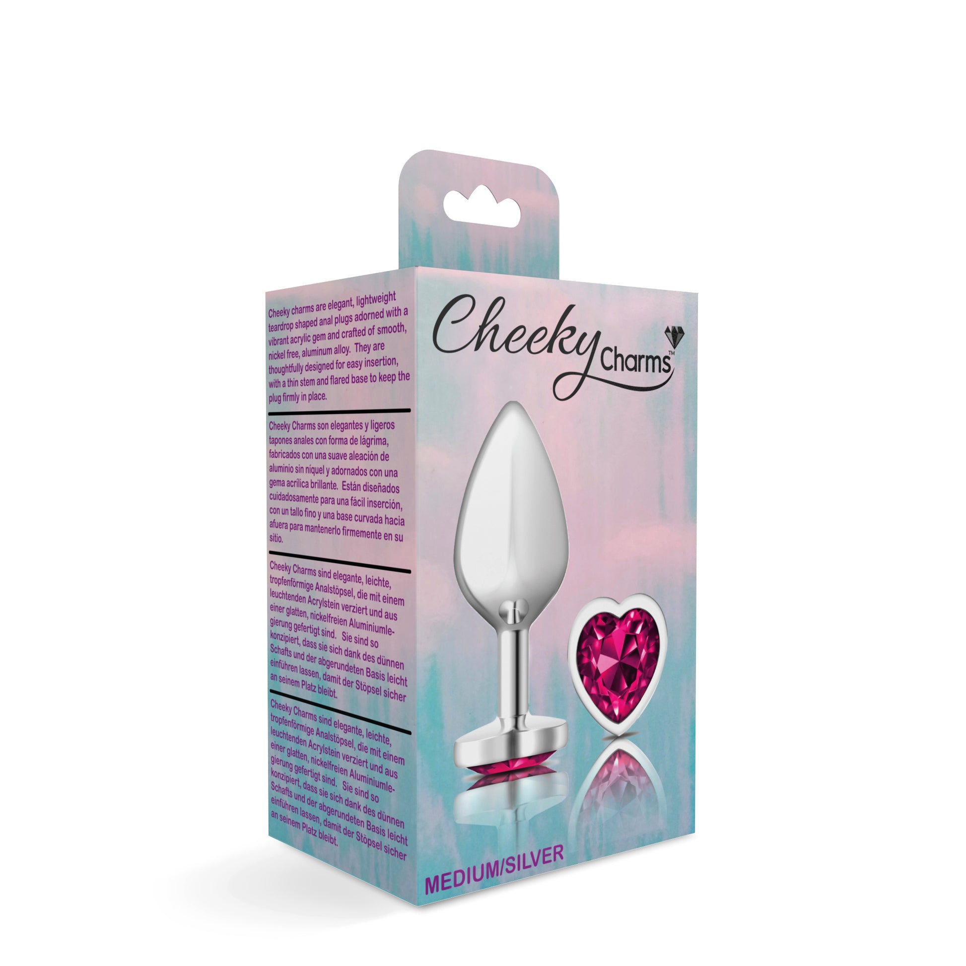 Cheeky Charms-Silver Metal Butt Plug- Heart-Bright Pink-Medium - Not Very Vanilla