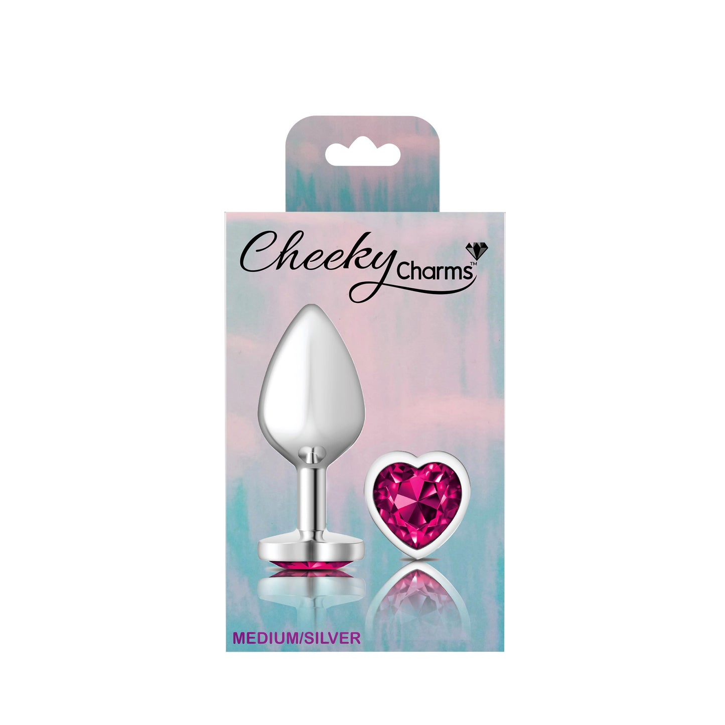 Cheeky Charms-Silver Metal Butt Plug- Heart-Bright Pink-Medium - Not Very Vanilla