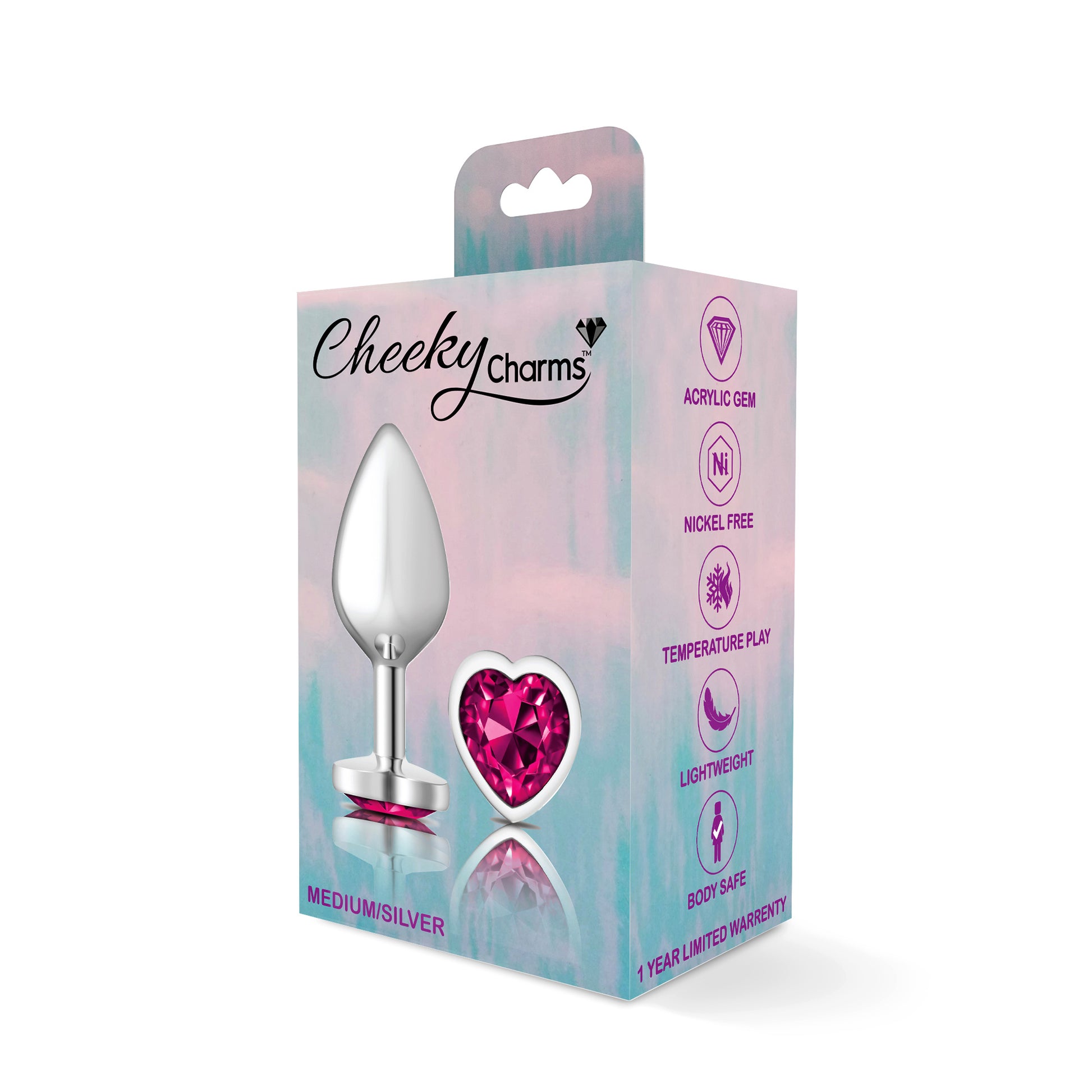 Cheeky Charms-Silver Metal Butt Plug- Heart-Bright Pink-Medium - Not Very Vanilla