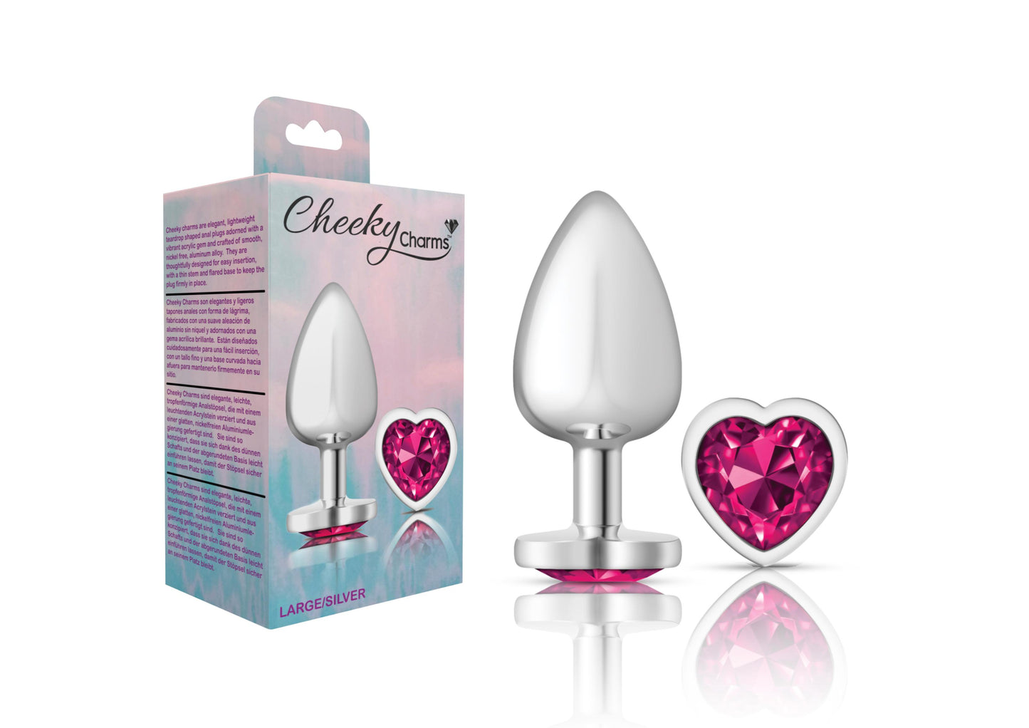 Cheeky Charms-Silver Metal Butt Plug- Heart-Bright Pink-Large - Not Very Vanilla