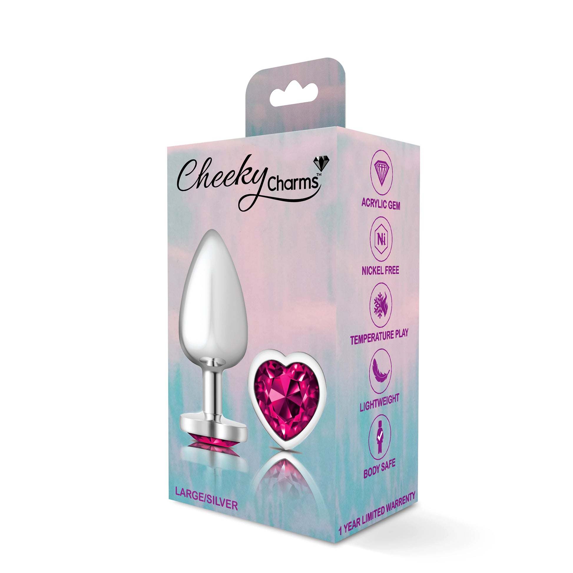 Cheeky Charms-Silver Metal Butt Plug- Heart-Bright Pink-Large - Not Very Vanilla