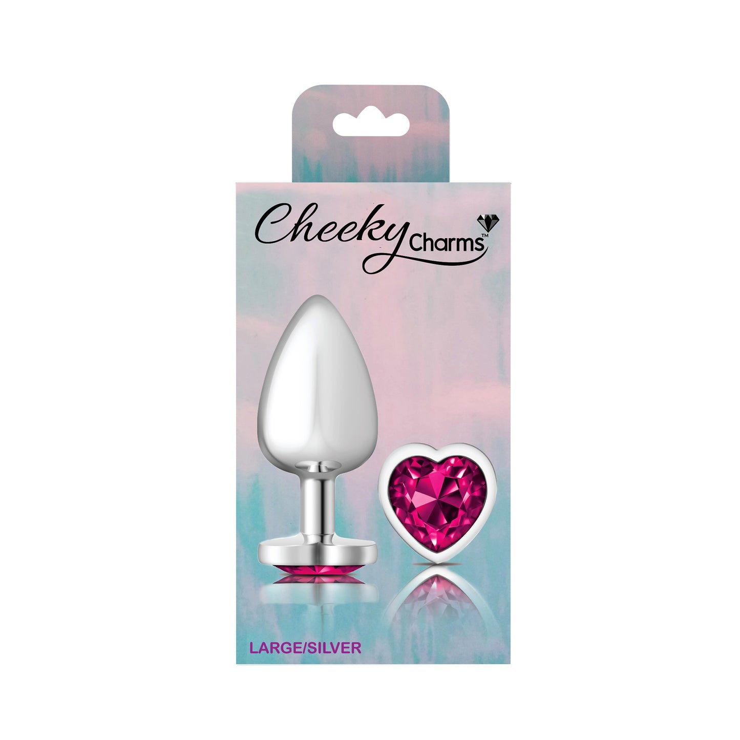 Cheeky Charms-Silver Metal Butt Plug- Heart-Bright Pink-Large - Not Very Vanilla