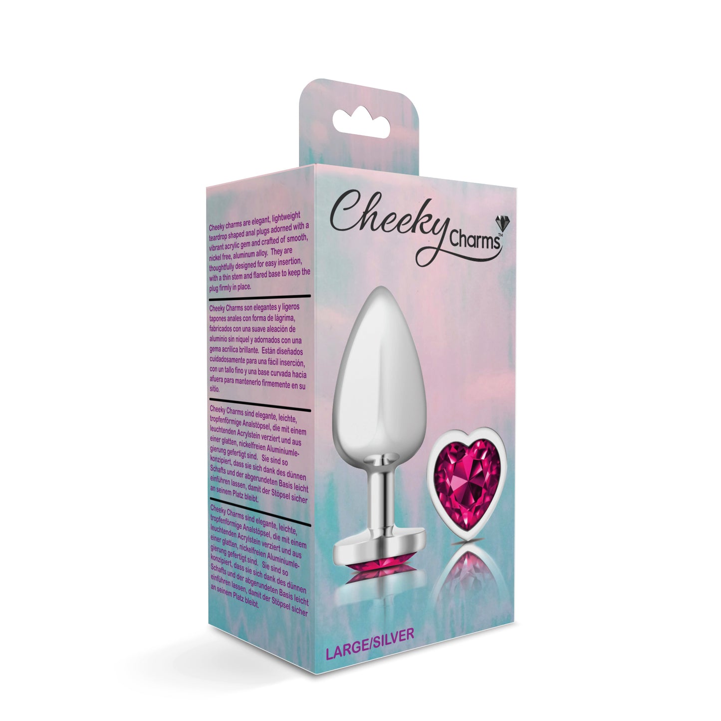 Cheeky Charms-Silver Metal Butt Plug- Heart-Bright Pink-Large - Not Very Vanilla