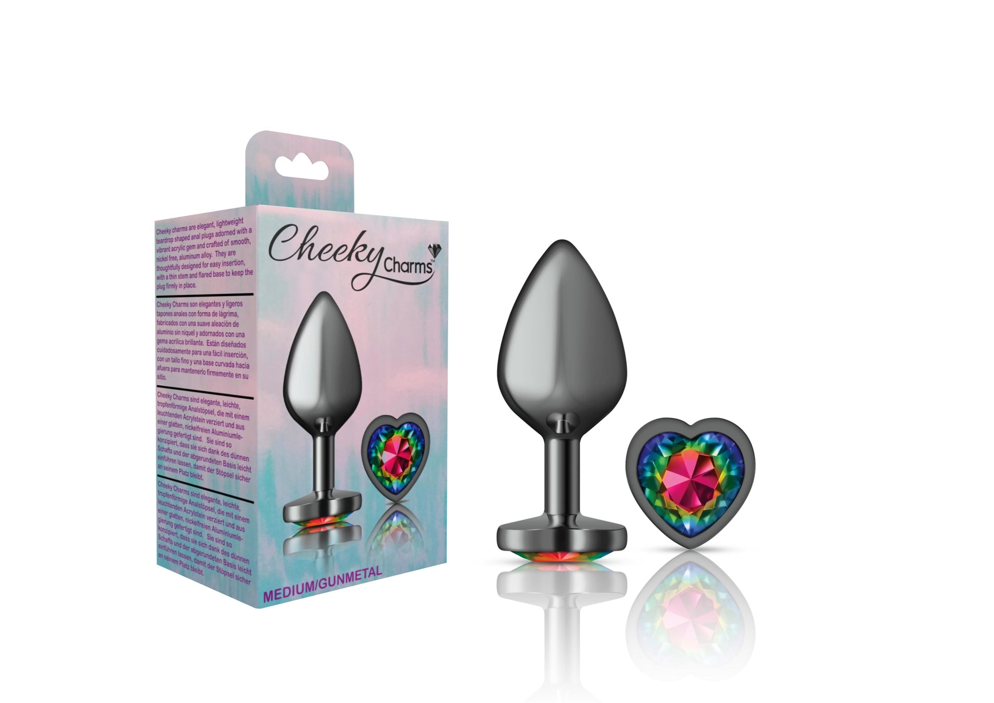 Cheeky Charms-Gunmetal Metal Buttplug- Heart-Rainbow-Medium - Not Very Vanilla