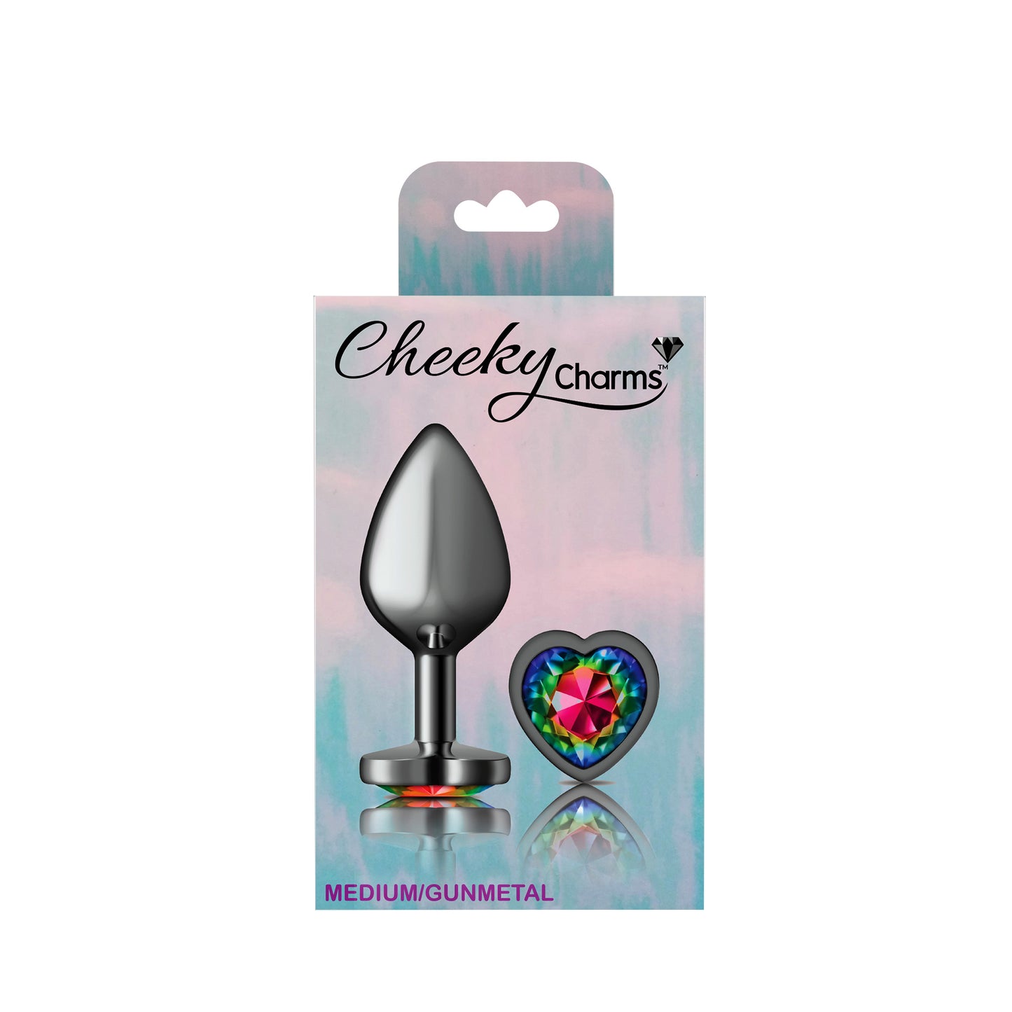 Cheeky Charms-Gunmetal Metal Buttplug- Heart-Rainbow-Medium - Not Very Vanilla