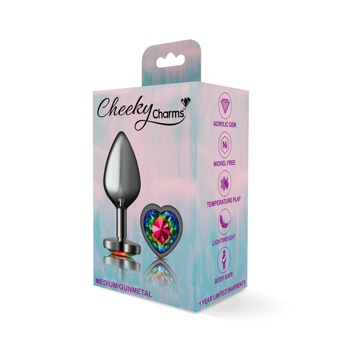 Cheeky Charms-Gunmetal Metal Buttplug- Heart-Rainbow-Medium - Not Very Vanilla