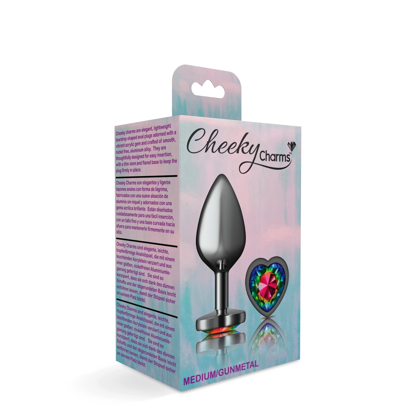 Cheeky Charms-Gunmetal Metal Buttplug- Heart-Rainbow-Medium - Not Very Vanilla