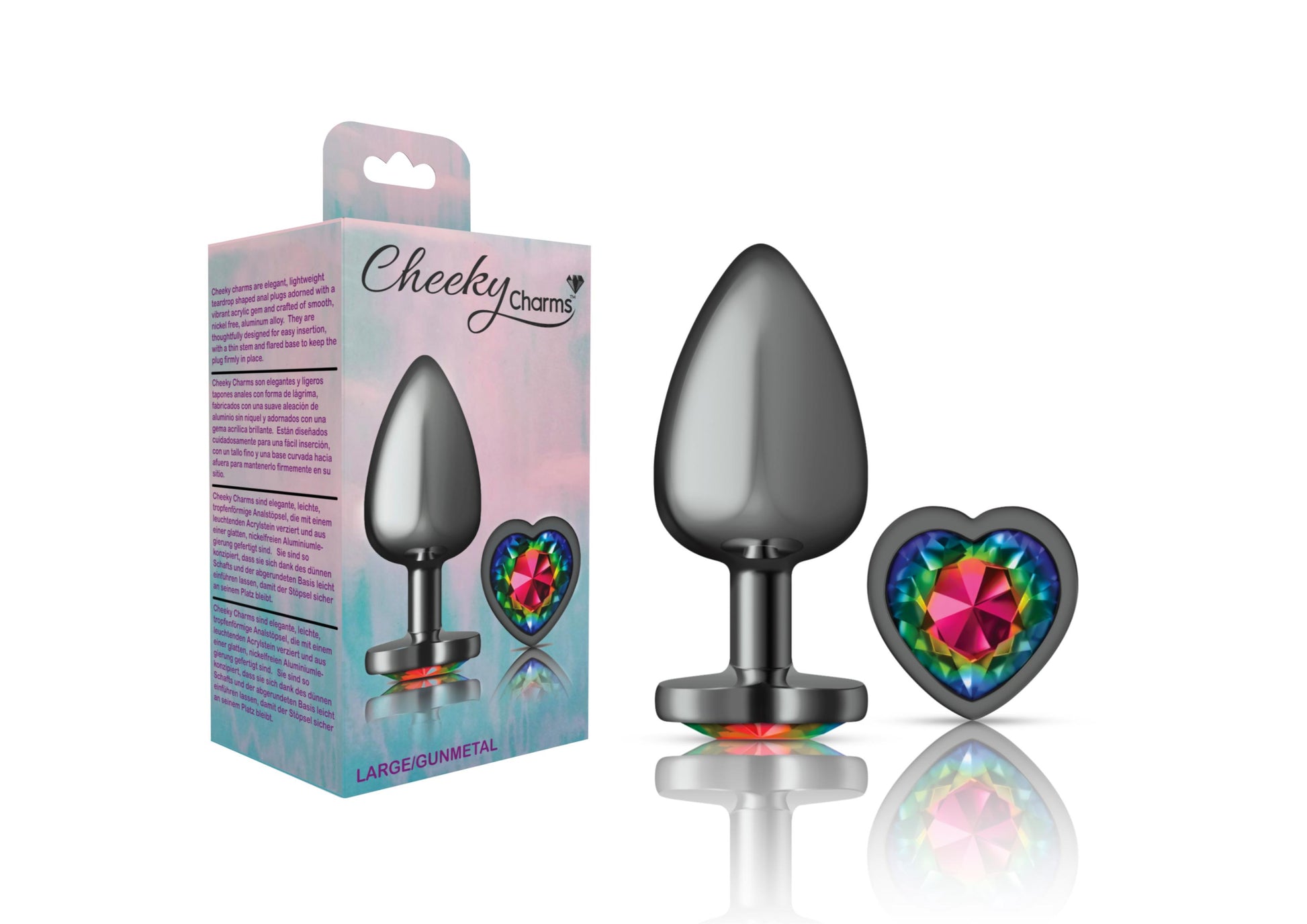 Cheeky Charms-Gunmetal Metal Butt Plug- Heart-Rainbow-Large - Not Very Vanilla