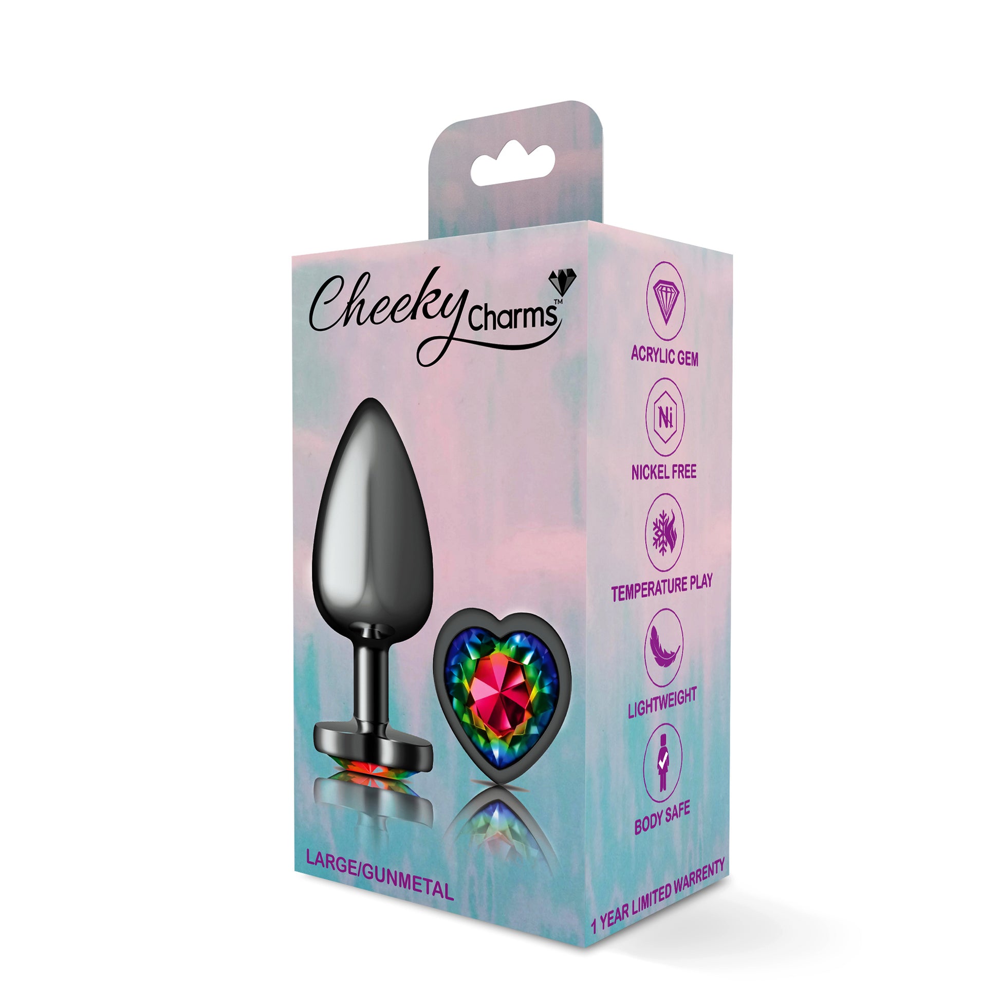 Cheeky Charms-Gunmetal Metal Butt Plug- Heart-Rainbow-Large - Not Very Vanilla