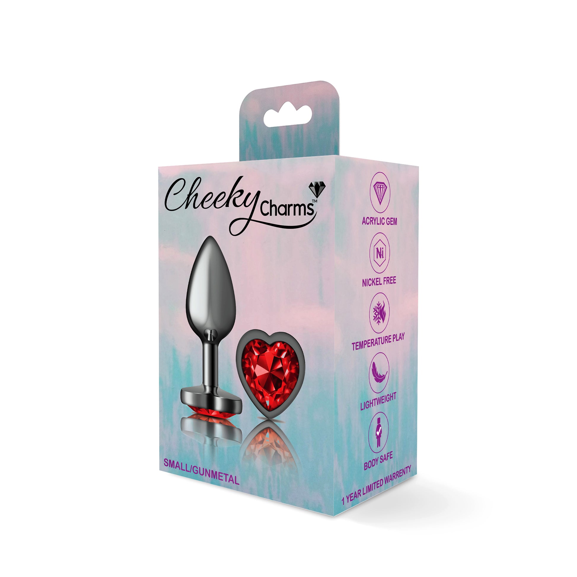 Cheeky Charms-Gunmetal Metal Butt Plug- Heart-Dark Red-Small - Not Very Vanilla