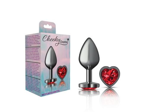 Cheeky Charms-Gunmetal Metal Butt Plug- Heart-Dark Red-Medium - Not Very Vanilla