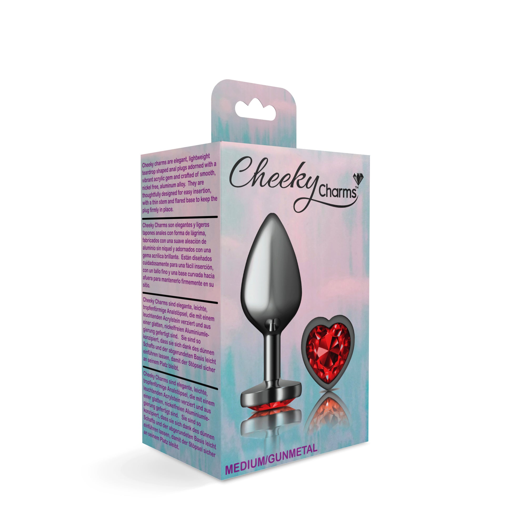 Cheeky Charms-Gunmetal Metal Butt Plug- Heart-Dark Red-Medium - Not Very Vanilla