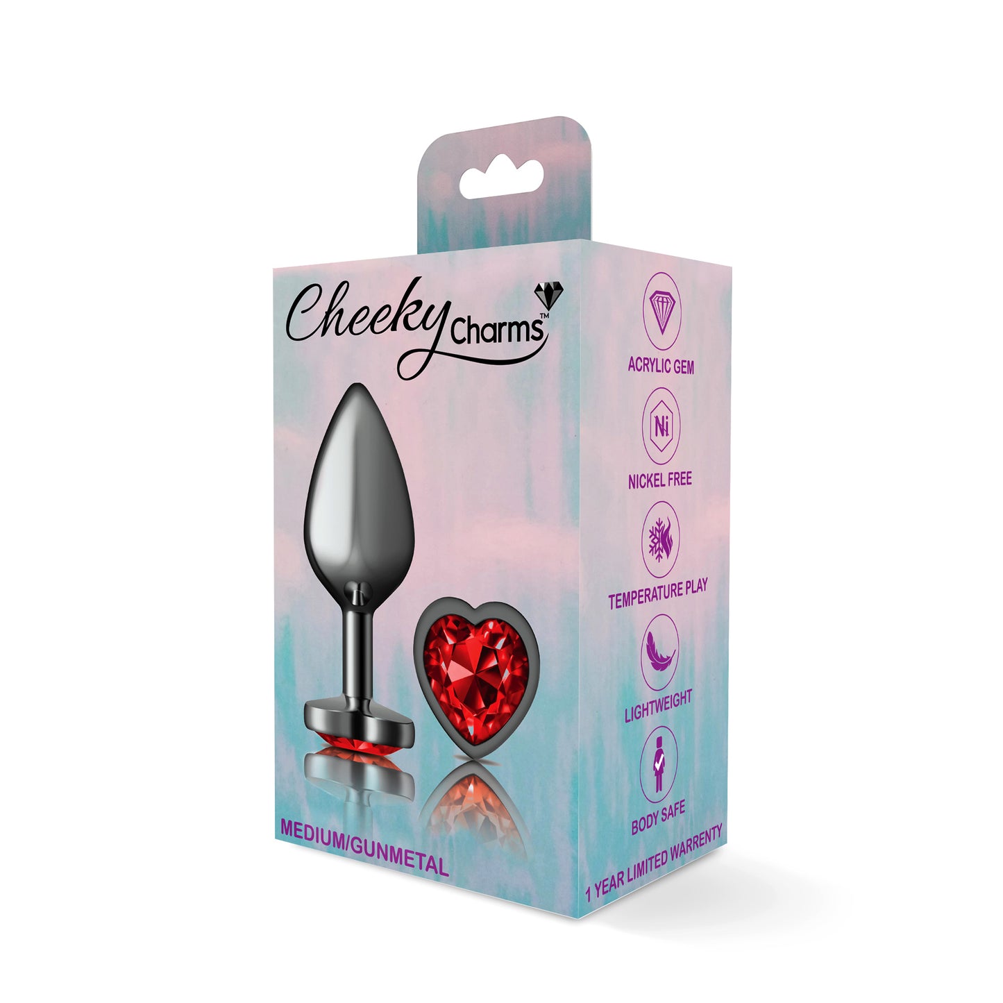 Cheeky Charms-Gunmetal Metal Butt Plug- Heart-Dark Red-Medium - Not Very Vanilla