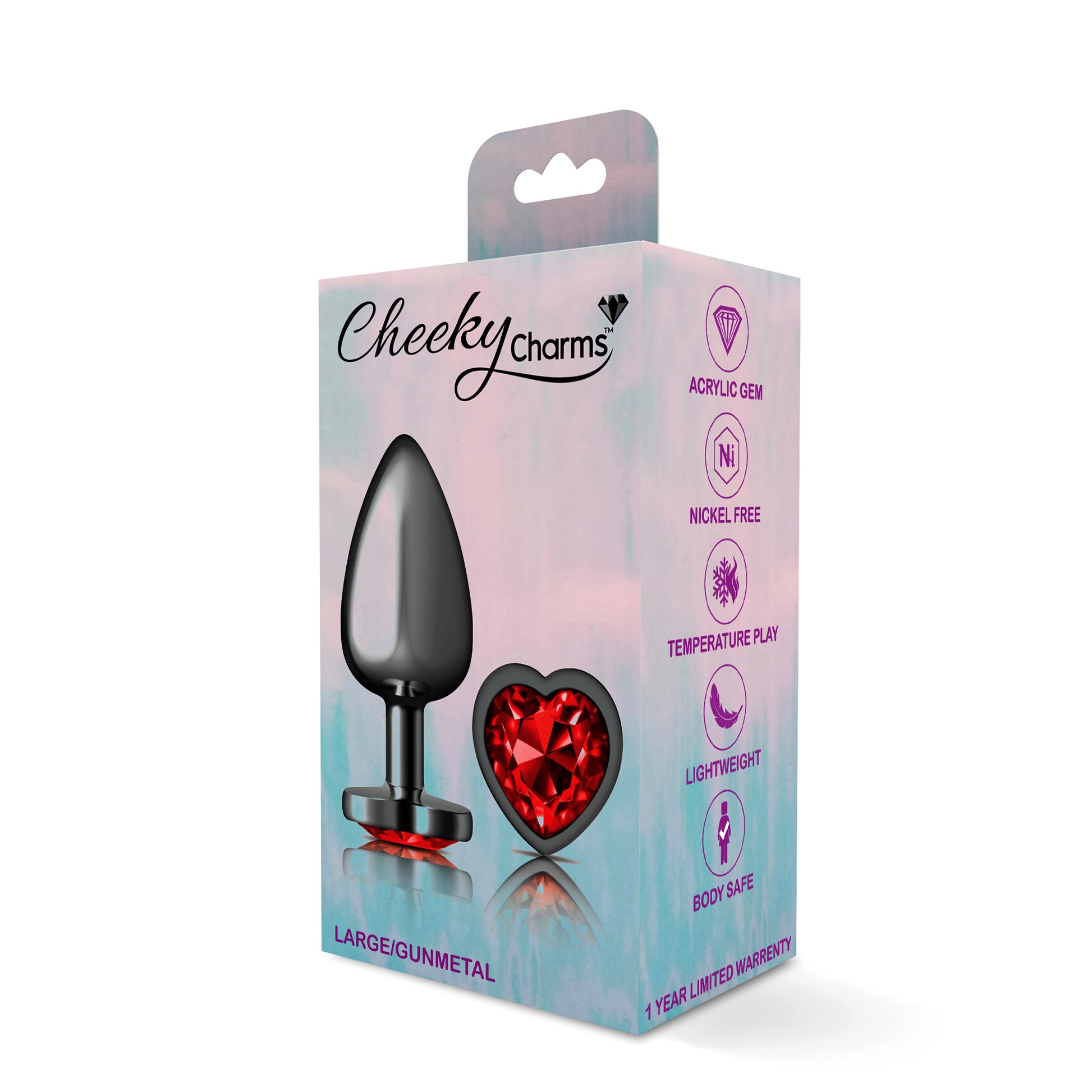 Cheeky Charms-Gunmetal Metal Butt Plug- Heart-Dark Red-Large - Not Very Vanilla