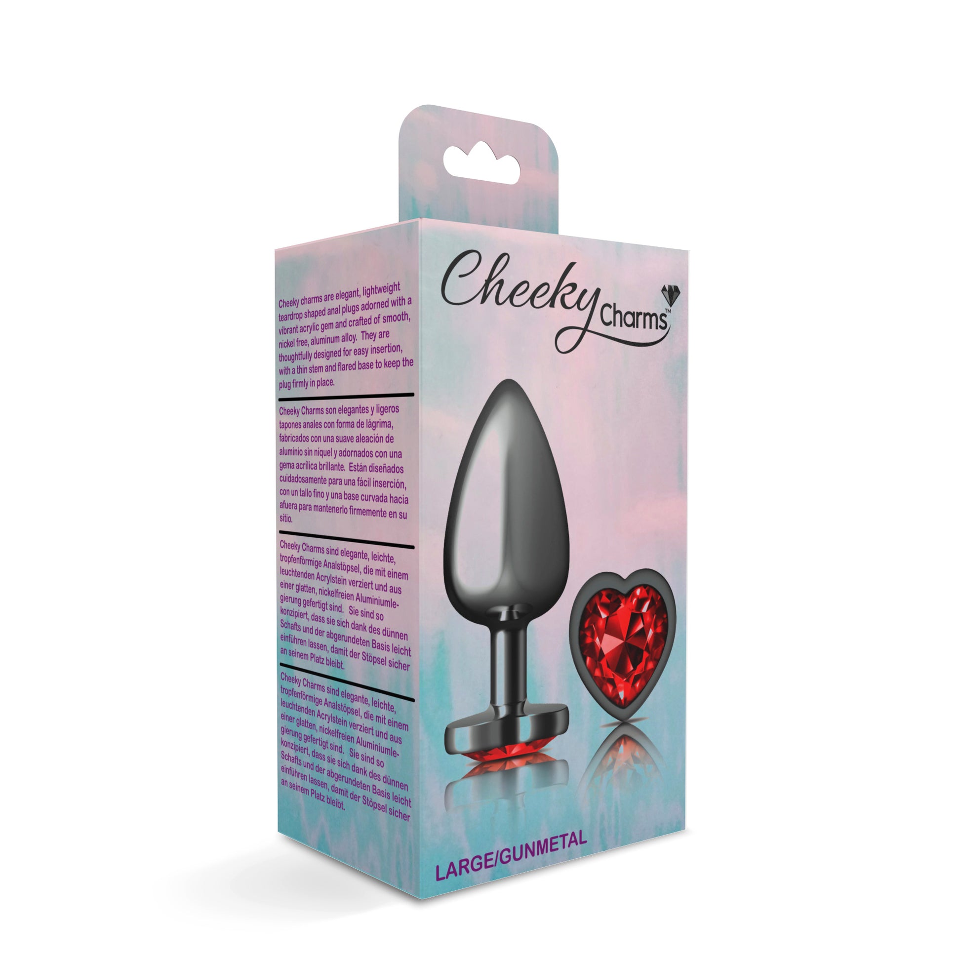 Cheeky Charms-Gunmetal Metal Butt Plug- Heart-Dark Red-Large - Not Very Vanilla