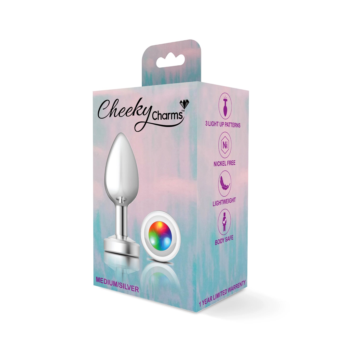 Cheeky Charms-Silver Metal Butt Plug- Light Up-Medium - Not Very Vanilla