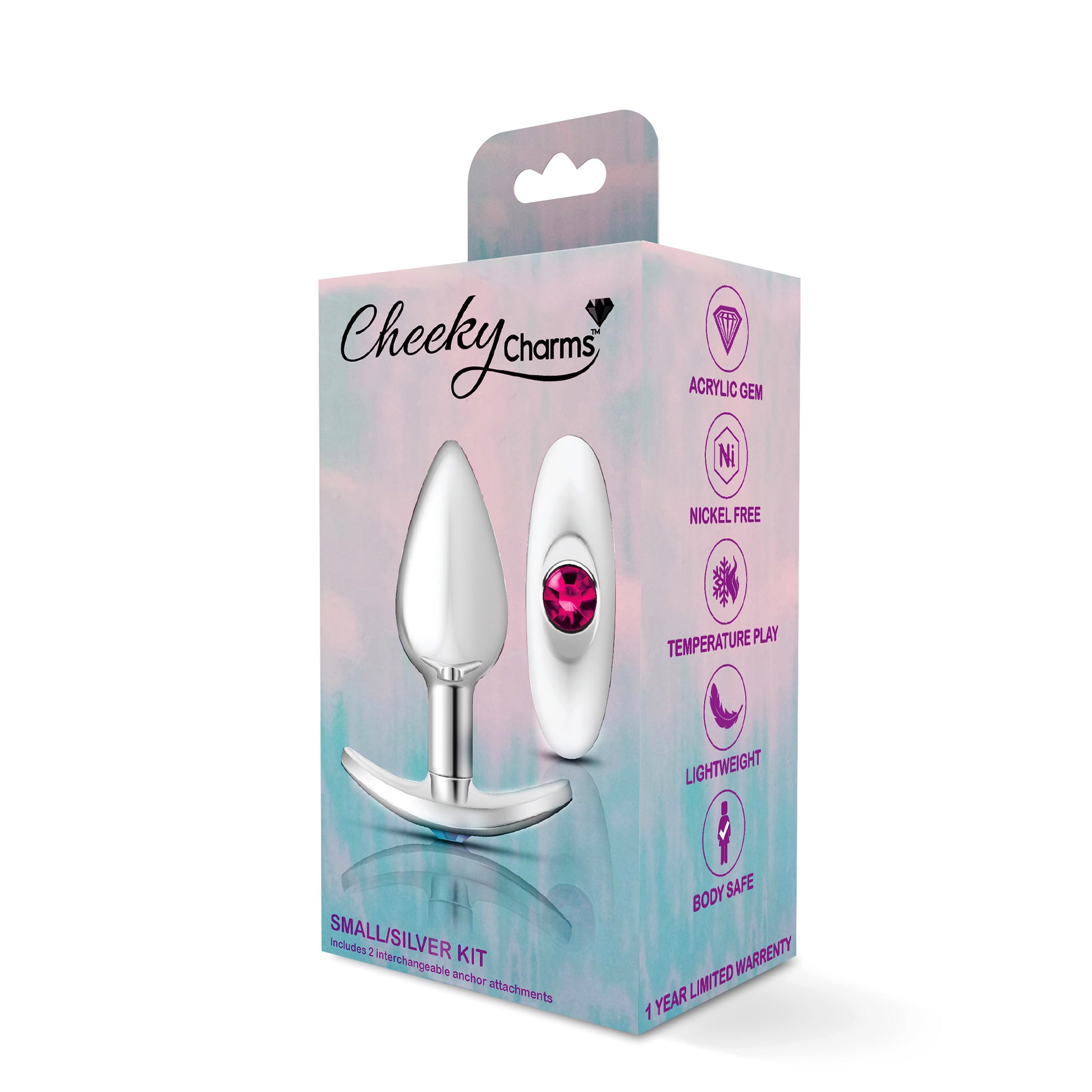 Cheeky Charms-Silver Metal Butt Plug Kit -Clear/bright Pink - Not Very Vanilla