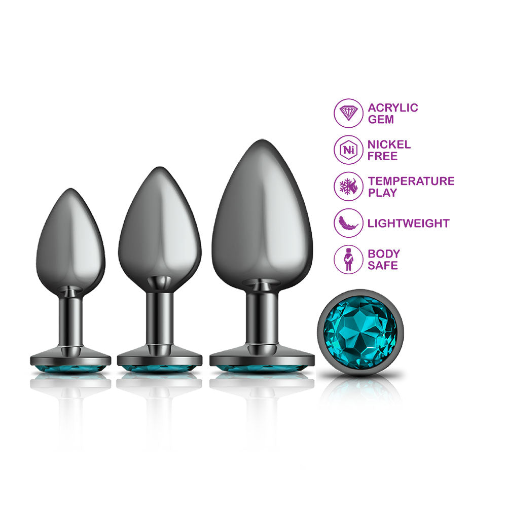 Cheeky Charms - Metal Butt Plug Gunmetal - Round - Teal - Anal Trainer Kit - Not Very Vanilla