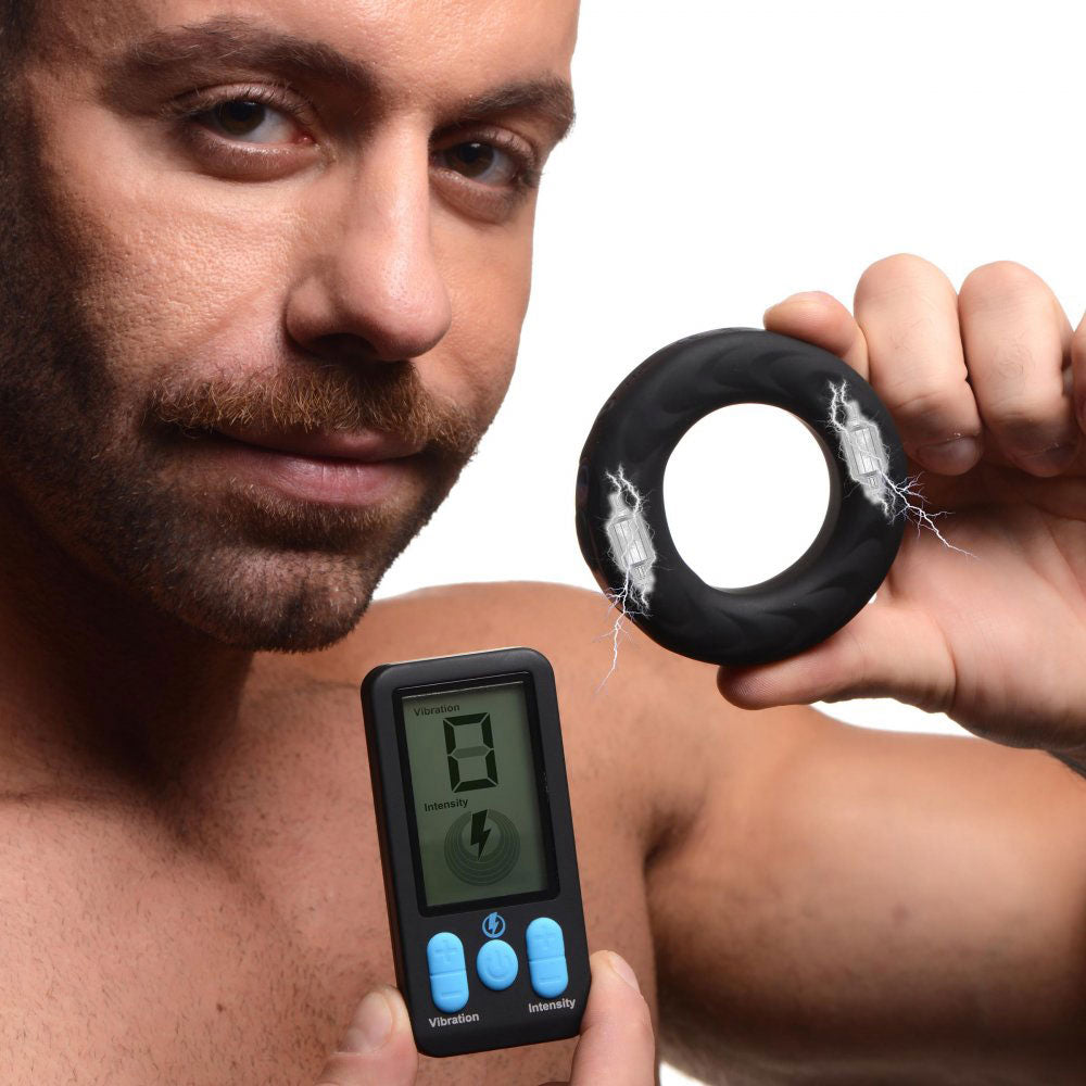 E-Stim and Vibrating Silicone Cock Ring 45mm With Remote Control - Black - Not Very Vanilla