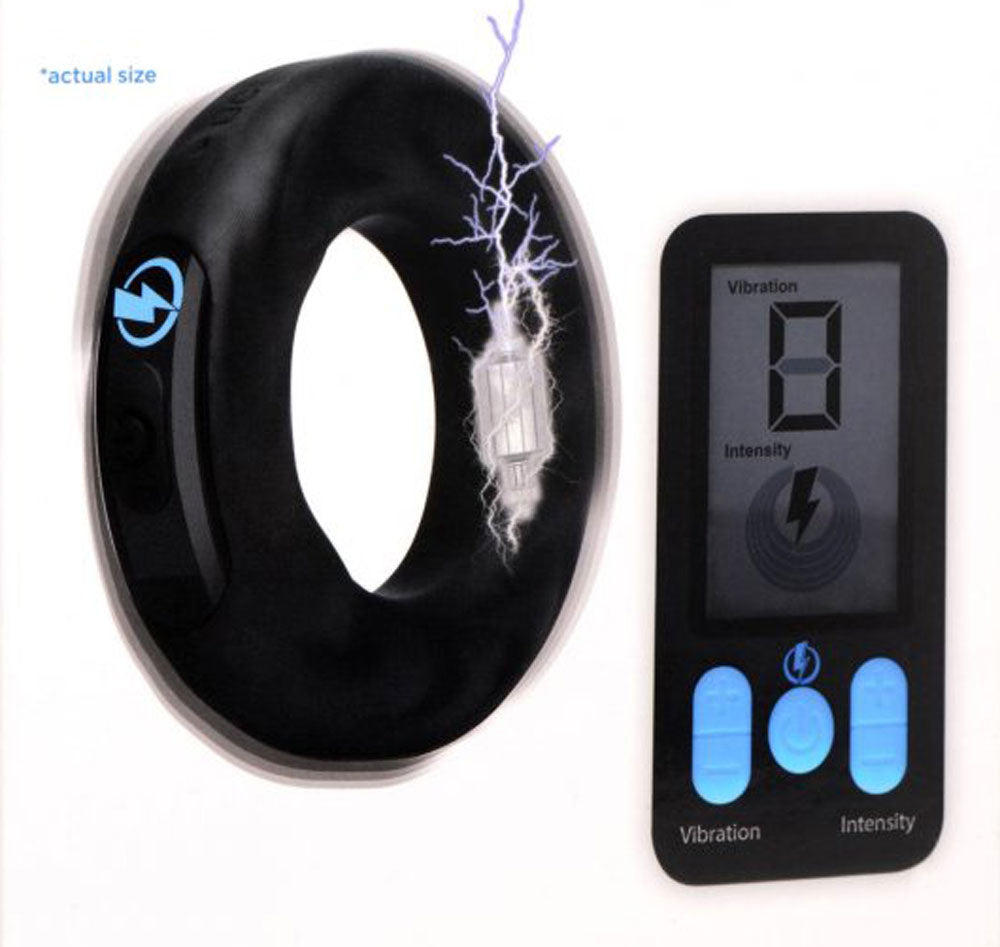 E-Stim and Vibrating Silicone Cock Ring 45mm With Remote Control - Black - Not Very Vanilla