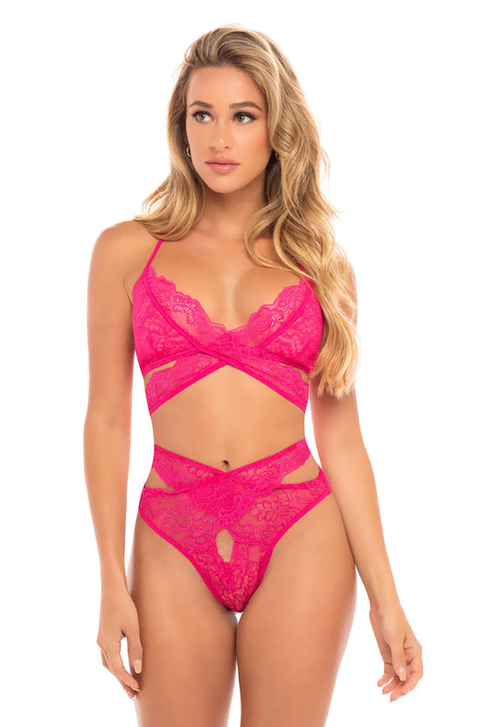 Cut Out Galloon Lace Bra Set - Bright Rose - S/m - Not Very Vanilla