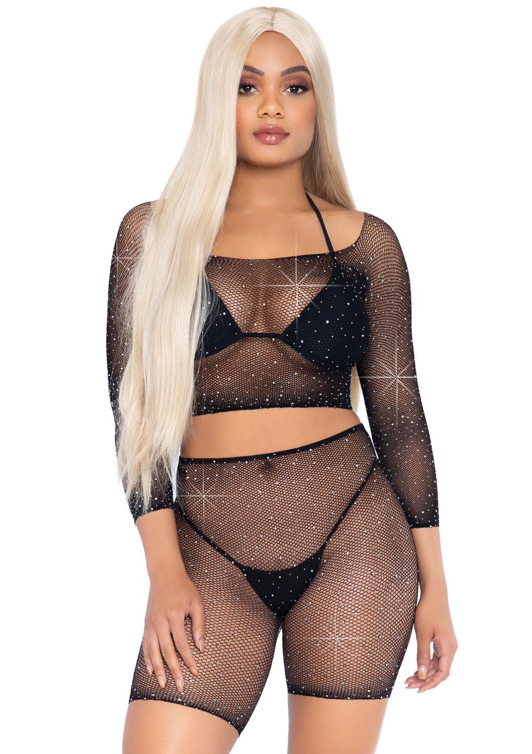 2 Pc Rhinestone Fishnet Crop Top and Biker Shorts - Black - One Size - Not Very Vanilla