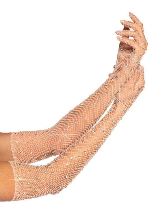 Rhinestone Fishnet Long Gloves Nude - Not Very Vanilla