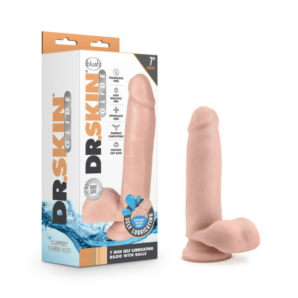 Dr. Skin Glide - 7 Inch Self Lubricating Dildo With Balls - Vanilla - Not Very Vanilla