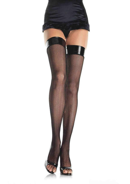 Vinyl Top Fishnet Thigh Highs - One Size - Black - Not Very Vanilla