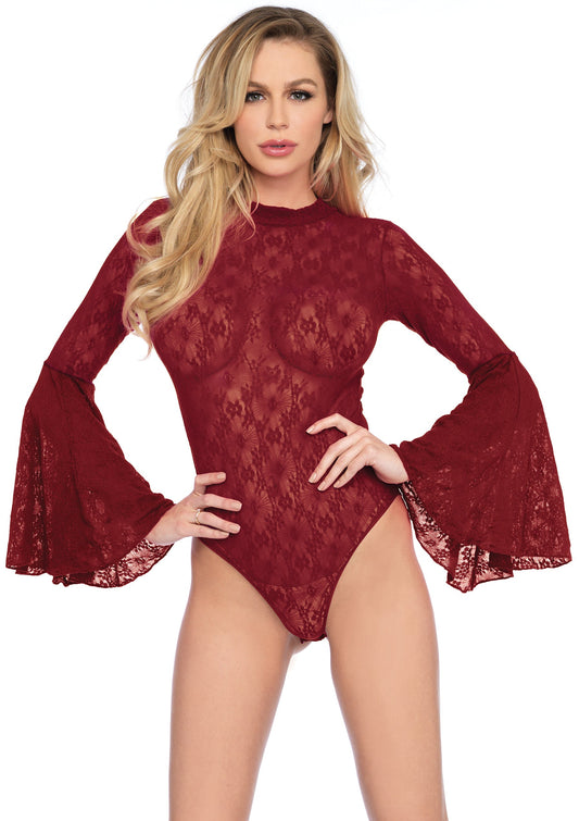 High Neck Stretch Lace Bell Sleeve Bodysuit - One Size - Burgundy - Not Very Vanilla