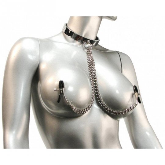 Chrome Slave Collar with Nipple Clamps - Small/Medium - Not Very Vanilla