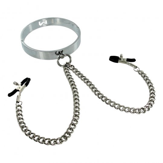 Chrome Slave Collar with Nipple Clamps - Small/Medium - Not Very Vanilla