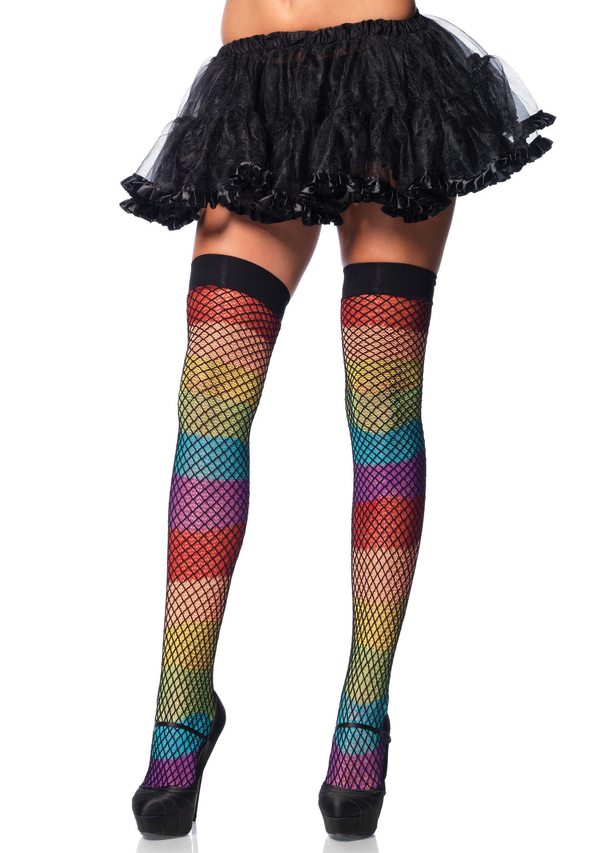 Rainbow Thigh Highs With Fishnet Overlay - One Size - Not Very Vanilla