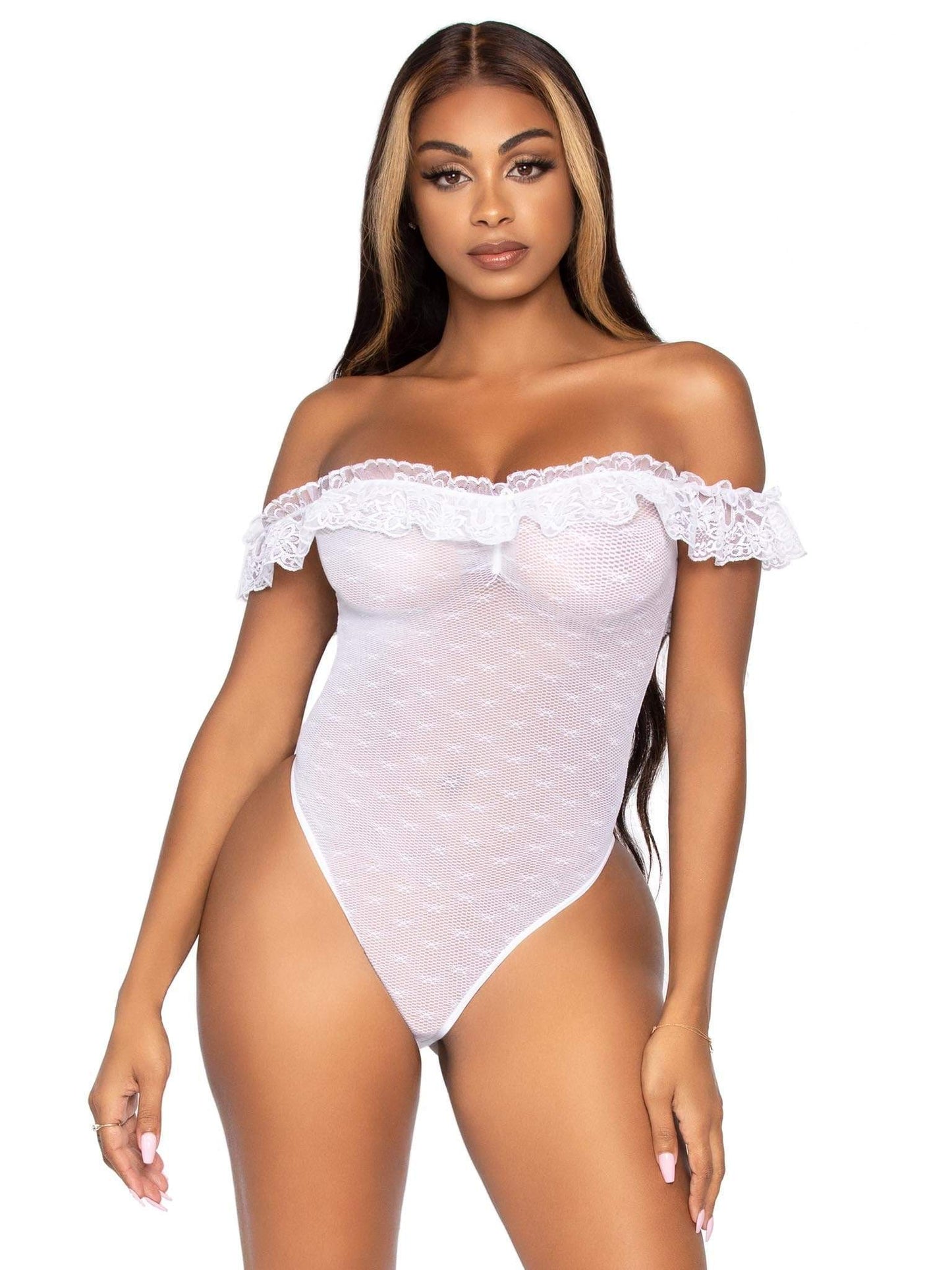 Lace Ruffle Snap Crotch Teddy - One Size - White - Not Very Vanilla