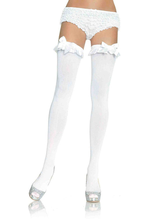 Opaque Thigh Highs With Satin Ruffle Trim and Bow - One Size - White - Not Very Vanilla