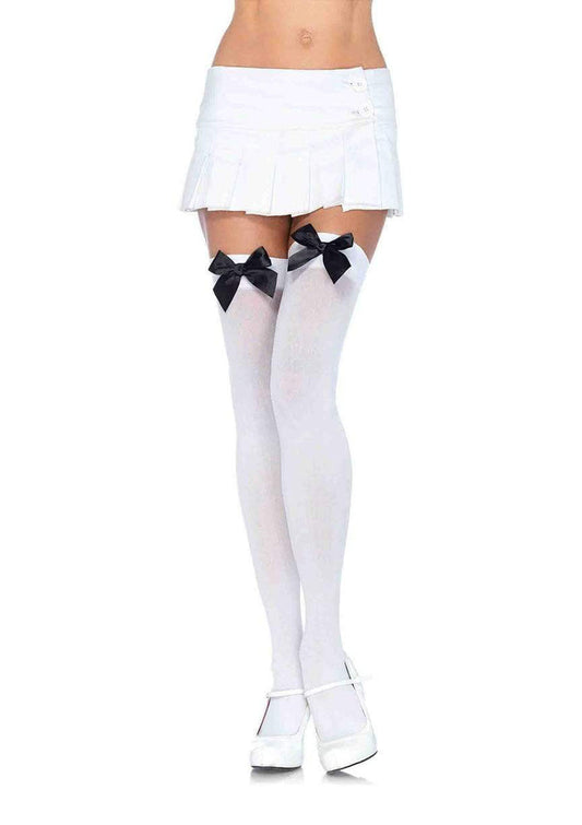 Nylon Thigh Highs With Bow - One Size - White / Black - Not Very Vanilla