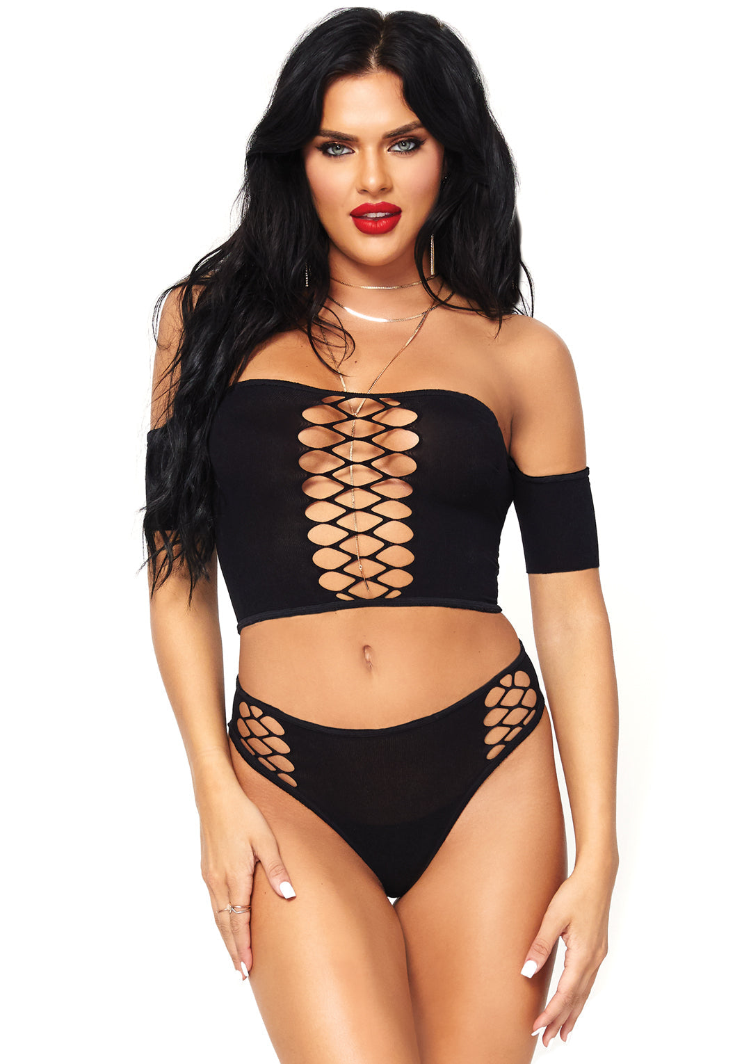 2 Pc Opaque Crop Top With Net Detail and Matching Thong Back Bottoms - One Size - Black - Not Very Vanilla