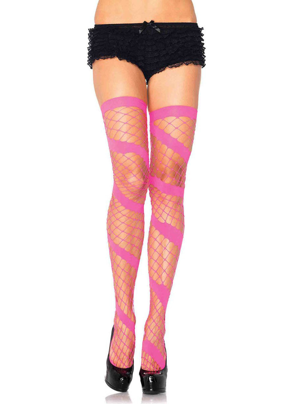 Swirl Diamond Net Thigh Highs - One Size - Neon Pink - Not Very Vanilla